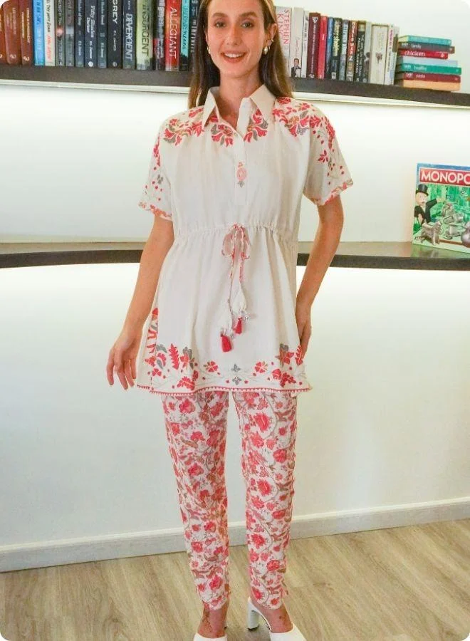 #Be Floral White Co-ord Set with Drawstring Top and Slit Pants