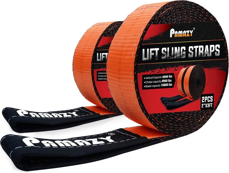 PAMAZY 2 Pack 2”x3FT Heavy Duty Lift Sling Straps - 18800 Pound Capacity Eye-Eye Nylon Straps - Image 1