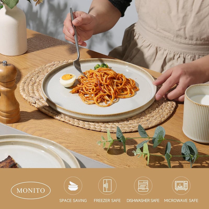 MONITO طقم عشاء سيراميك MONITO 16 قطعة مجموعة أطباق وأوعية من الحجر الخزفي مقاومة للتشقق والرقائق آمنة للغسالة والميكروويف هدية بونبون بيج - Image 3