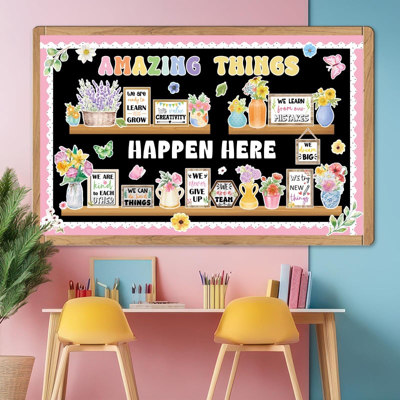 ojustbeok 74pcs Spring Bulletin Board Decorations Set Flower Bookshelf Bulletin Board Amazing Things Happen Here Paper Cutouts Floral Cards Motivational Cutout Classroom Decor for Classroom School Offices - Image 5