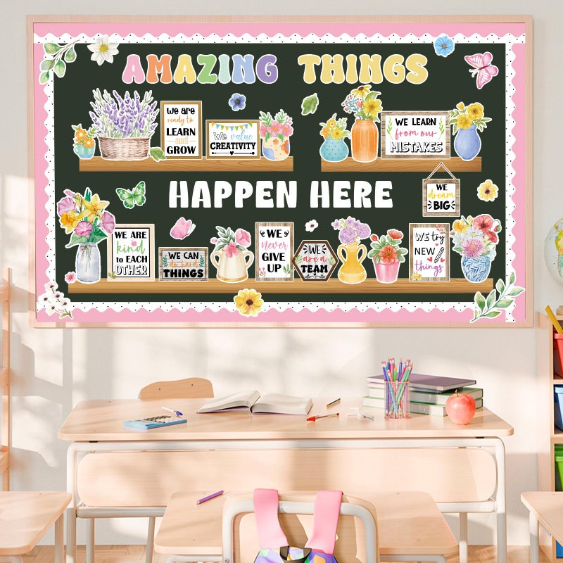 ojustbeok 74pcs Spring Bulletin Board Decorations Set Flower Bookshelf Bulletin Board Amazing Things Happen Here Paper Cutouts Floral Cards Motivational Cutout Classroom Decor for Classroom School Offices - Image 4