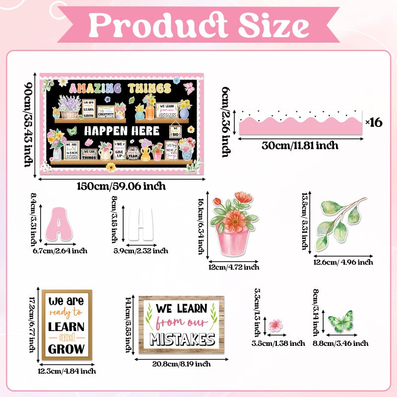 ojustbeok 74pcs Spring Bulletin Board Decorations Set Flower Bookshelf Bulletin Board Amazing Things Happen Here Paper Cutouts Floral Cards Motivational Cutout Classroom Decor for Classroom School Offices - Image 2