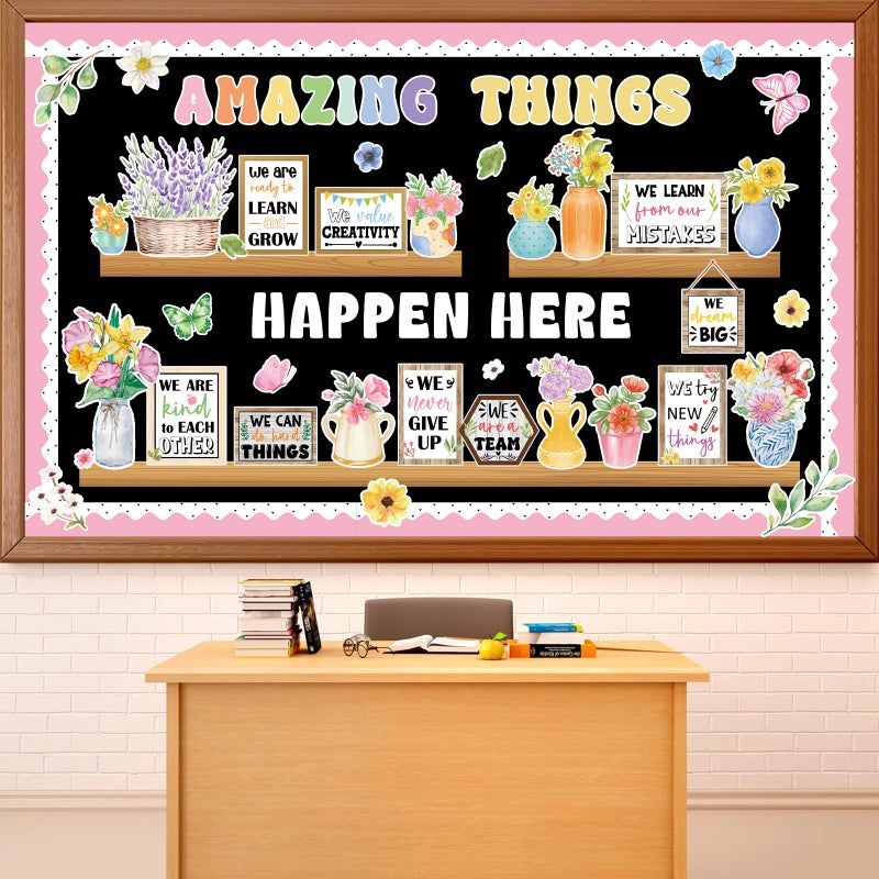 ojustbeok 74pcs Spring Bulletin Board Decorations Set Flower Bookshelf Bulletin Board Amazing Things Happen Here Paper Cutouts Floral Cards Motivational Cutout Classroom Decor for Classroom School Offices - Image 1