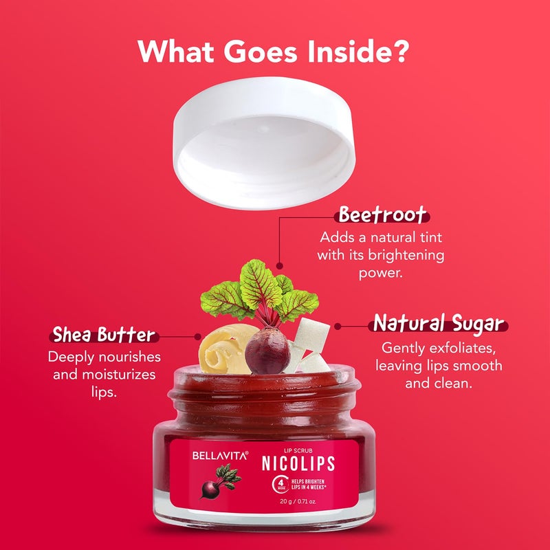 Bella Vita Organic BellaVita Luxury NicoLips Lip Scrub 20gm | Lip Balm For Exfoliation & Dark Lip Moisturizing | With Goodness of Beetroot, Shea Butter & Walnut Lip Scrub | Lip scrubber exfoliator for Women and Men - Image 5