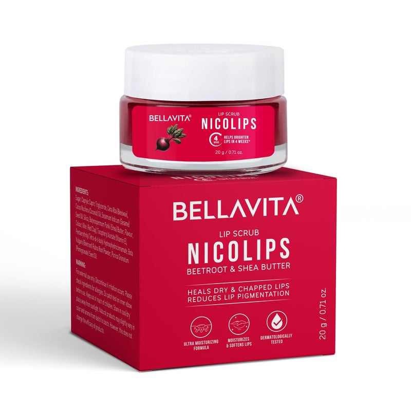 Bella Vita Organic BellaVita Luxury NicoLips Lip Scrub 20gm | Lip Balm For Exfoliation & Dark Lip Moisturizing | With Goodness of Beetroot, Shea Butter & Walnut Lip Scrub | Lip scrubber exfoliator for Women and Men - Image 1