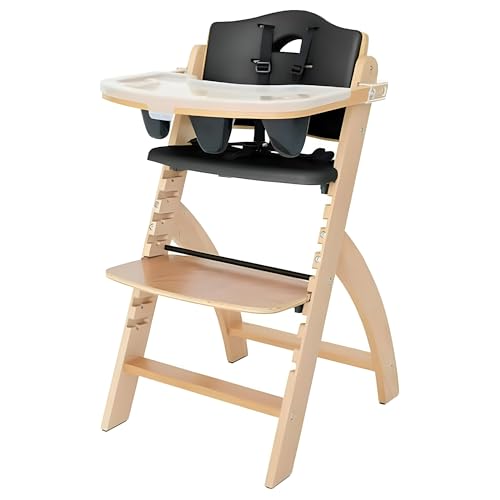 Abiie Beyond Junior Wooden High Chair with Tray Adjustable and Convertible High Chair for Babies and Toddlers 6 Months to 250 Lb Water Resistant Natural WoodBlack Pearl Cushion