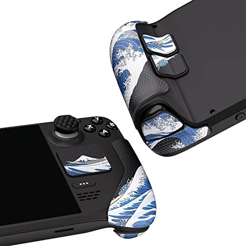 playvital أغطية مقبض مطاطية ناعمة مزخرفة من بلاي فيتال للاستخدام الاحترافي لجهاز ستيم ديك LCD و OLED، مجموعة ملصقات واقية لأزرار الخلف مع أغطية قبضة الإبهام - الموجة العظيمة - Image 3