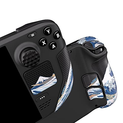 playvital أغطية مقبض مطاطية ناعمة مزخرفة من بلاي فيتال للاستخدام الاحترافي لجهاز ستيم ديك LCD و OLED، مجموعة ملصقات واقية لأزرار الخلف مع أغطية قبضة الإبهام - الموجة العظيمة - Image 1