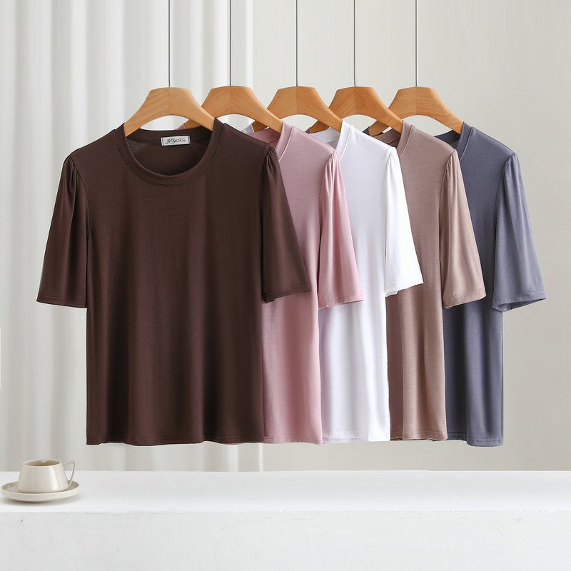 Modal T-Shirt Women'S Short-Sleeved White Summer Slim-Fit Crewneck Base Shirt Outer Wear Mid-Sleeved Thin Inner Black Top - Image 3