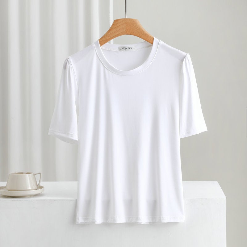 Modal T-Shirt Women'S Short-Sleeved White Summer Slim-Fit Crewneck Base Shirt Outer Wear Mid-Sleeved Thin Inner Black Top - Image 1