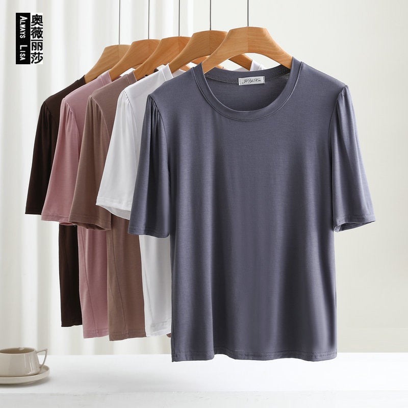 Modal T-Shirt Women'S Short-Sleeved White Summer Slim-Fit Crewneck Base Shirt Outer Wear Mid-Sleeved Thin Inner Black Top - Image 2