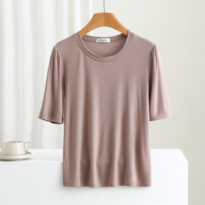 Modal T-Shirt Women'S Short-Sleeved White Summer Slim-Fit Crewneck Base Shirt Outer Wear Mid-Sleeved Thin Inner Black Top - Image 4