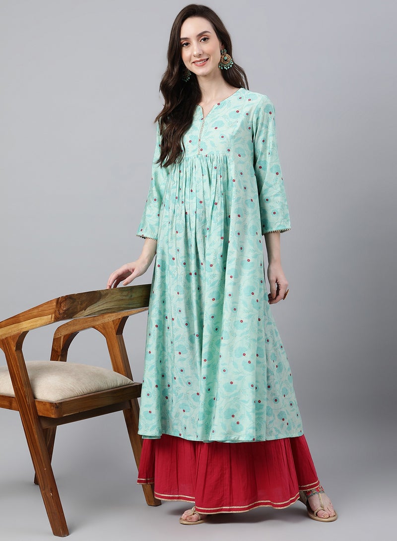 IndHeritage Kurti -  Eid kurti collection - Premium cotton kurti - Turquoise colour women's kurti / kurta with red floral prints - Indian Kurti IDH00091 - Image 1