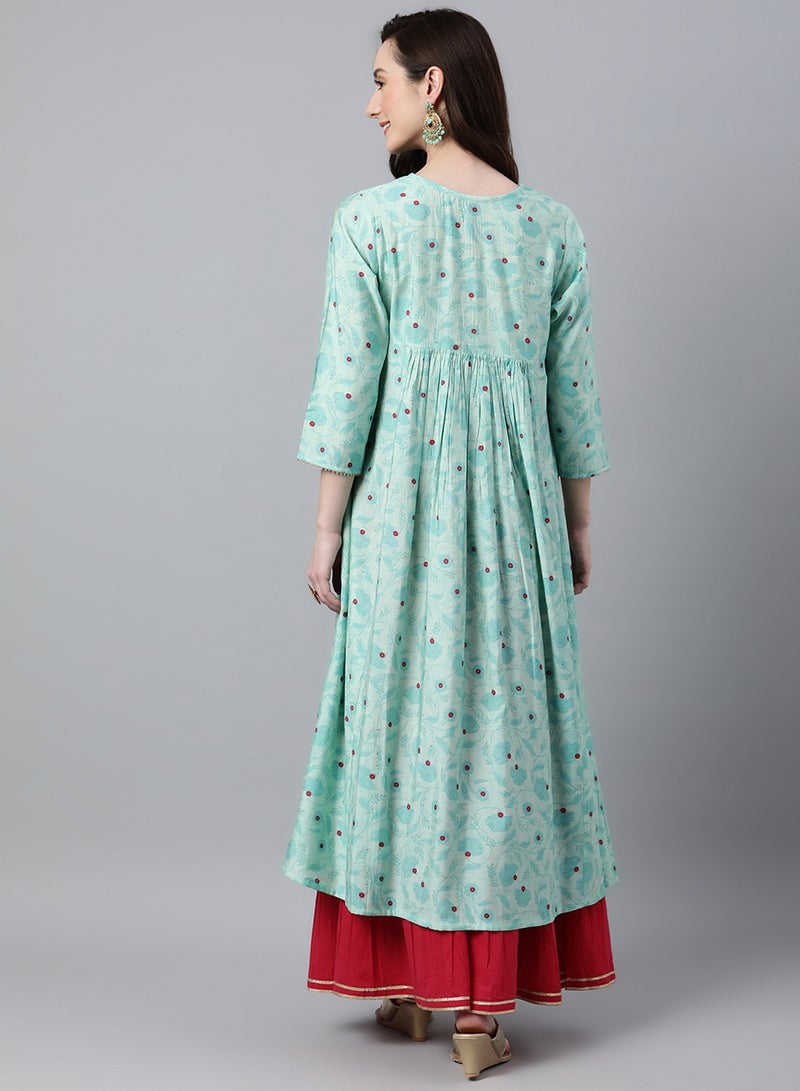 IndHeritage Kurti -  Eid kurti collection - Premium cotton kurti - Turquoise colour women's kurti / kurta with red floral prints - Indian Kurti IDH00091 - Image 4
