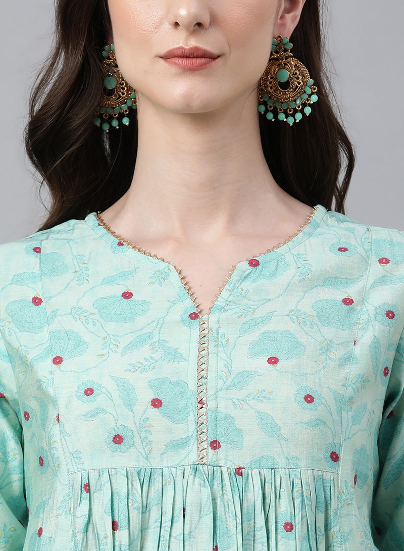 IndHeritage Kurti -  Eid kurti collection - Premium cotton kurti - Turquoise colour women's kurti / kurta with red floral prints - Indian Kurti IDH00091 - Image 5