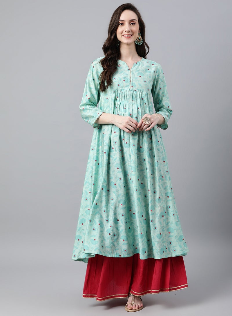 IndHeritage Kurti -  Eid kurti collection - Premium cotton kurti - Turquoise colour women's kurti / kurta with red floral prints - Indian Kurti IDH00091 - Image 2