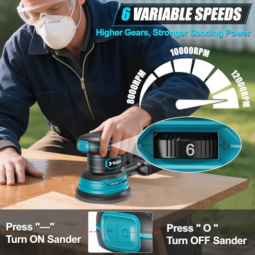 TAIRDA Cordless Random Orbital Sander Compatible for Makita 18V (TOOL ONLY), Electric Palm Orbital Sander With Dust Collector, 6 Variable Speeds, 20Pcs Sandpaper For Sanding Polishing Woodworking - Image 3