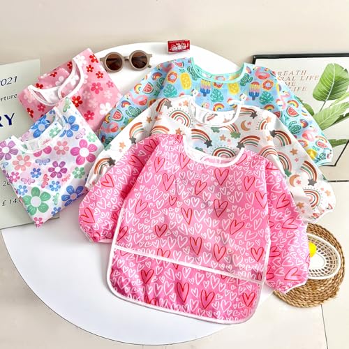 PandaEar 5 Pack Baby Long Sleeve Bibs Waterproof Full Sleeve Bib for Baby Infant Toddler 636 Months Pink - Image 3
