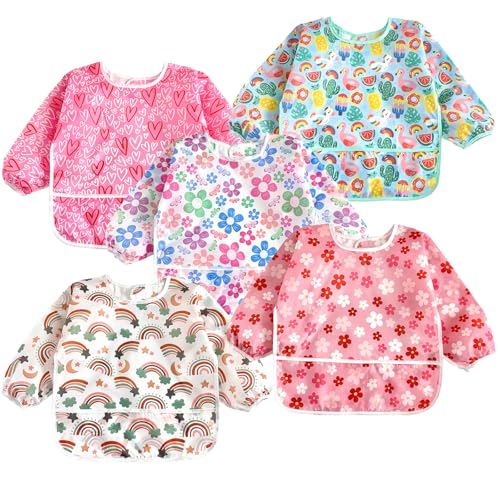 PandaEar 5 Pack Baby Long Sleeve Bibs Waterproof Full Sleeve Bib for Baby Infant Toddler 636 Months Pink - Image 1