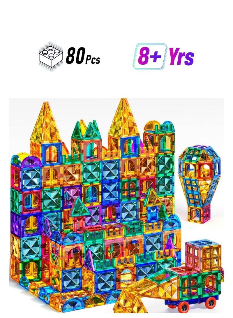 TEMI Magnetic Tiles,Building Blocks, Magnets Building Set, Learning And Education Toys Christmas Toy Gift For Ages 3 4 5 6 7 8+ Year Old Toddler Kids Boys And Girls (Magnetic Tiles-80Pcs)  - Image 1