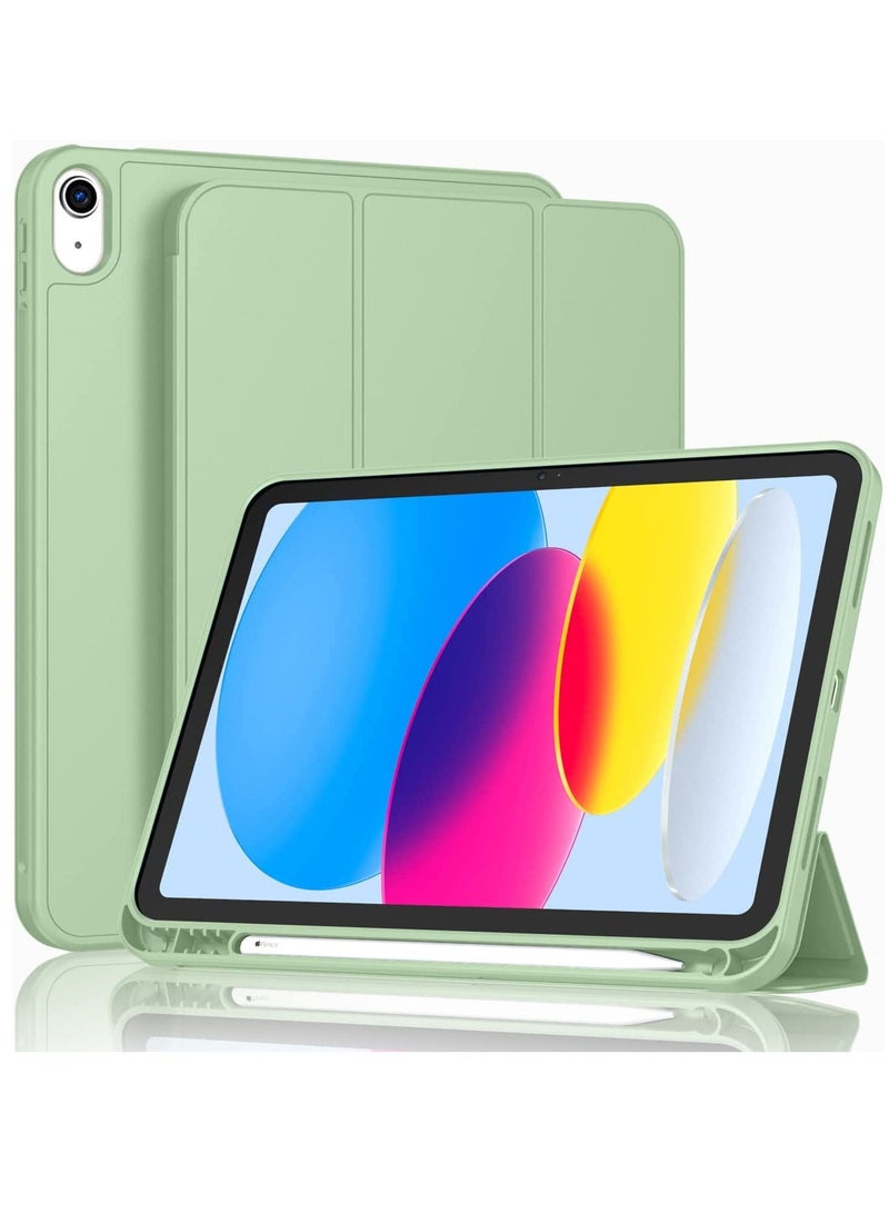 غطاء أخضر مع حامل أقلام لجهاز آي باد 10.9 بوصة جراب ثلاثي الطي متوافق مع جهاز iPad 10th Generation 2022 الإصدار التلقائي للنوم والاستيقاظ قابل للطي ، غطاء خلفي صلب خفيف الوزن - Image 1