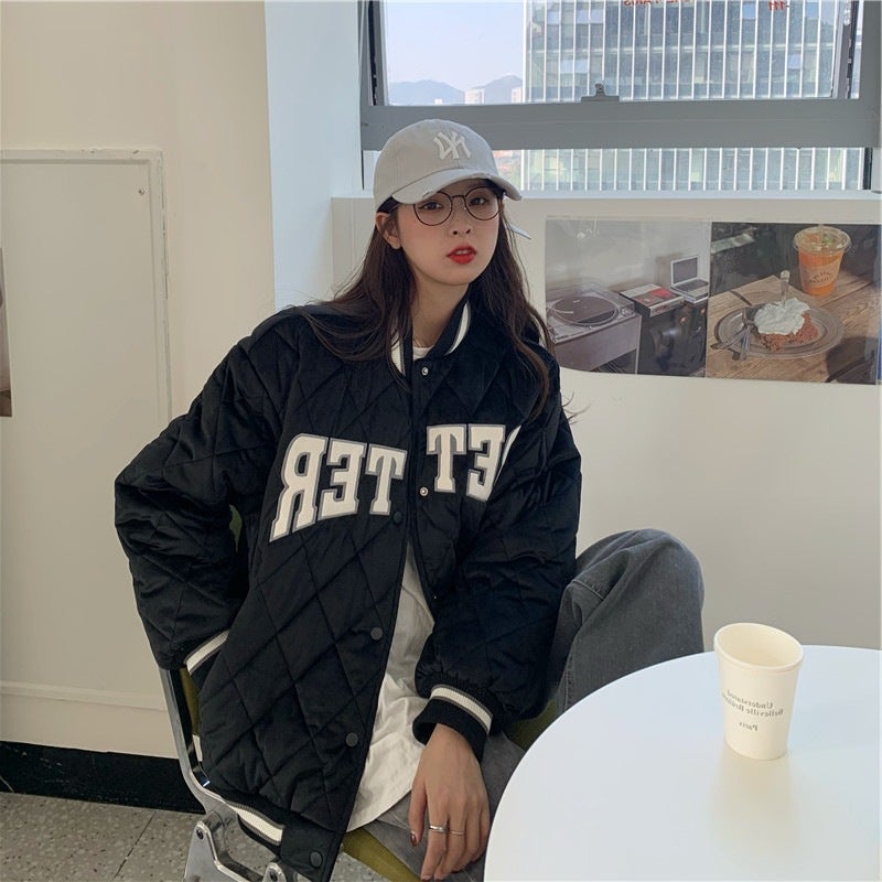 Winter Cross-border New Letter Embroidered plus size Baseball Suit Cotton-padded Coat American Fashion Thickened Cotton Warm Jacket for Women Black 