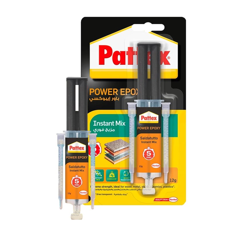 Pattex Power Epoxy Universal Syringe | With Convenient Instant Mix Syringe | Water & Temperature Resistant | Compatible with Metal, Ceramic, Glass & Wood | Indoor & Outdoor Use | 11ml (Pack of 1) - Image 1