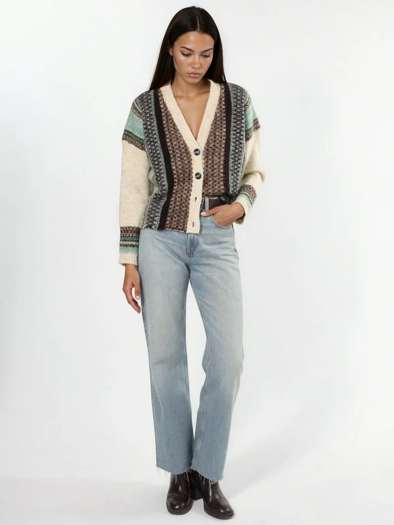 Hiccup Brown Oversized Soft Touch Patterned V-Neck Knit Cardigan for Women | Best Price UAE