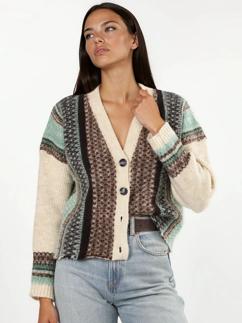 HICCUP Oversized Soft Touch Patterned V-Neck Knit Cardigan