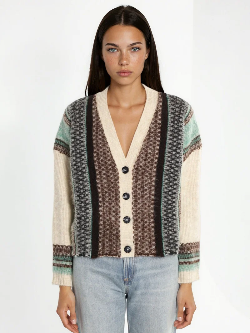 Hiccup Brown Oversized Soft Touch Patterned V-Neck Knit Cardigan for Women | Best Price UAE