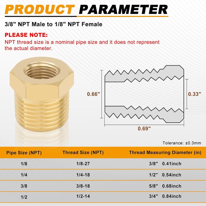 KOOTANS 4pcs Heavy Duty 3/8 NPT Male Thread to 1/8 NPT Female Thread Brass Reducer Hex Bushing Brass Fitting Pipe Hose Tube Adapter Convert - Image 2