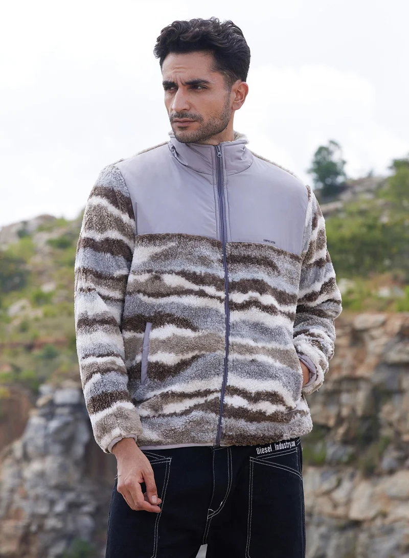 Campus Sutra Men's Light Grey & Chocolate Brown Camouflage Sherpa Zip-Front Jacket