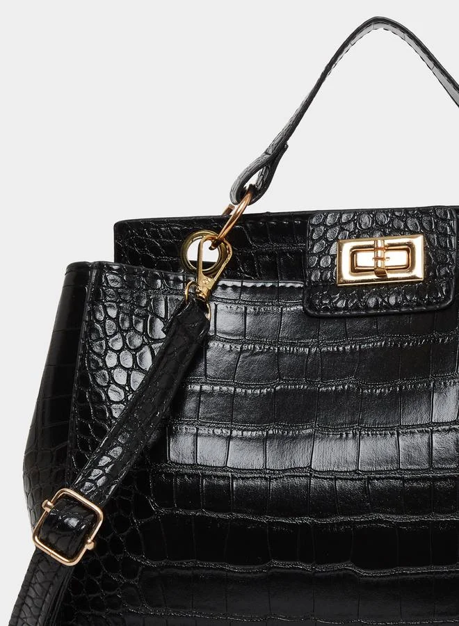 Styli Styli Elegant Black Croc-Embossed Satchel Handbag