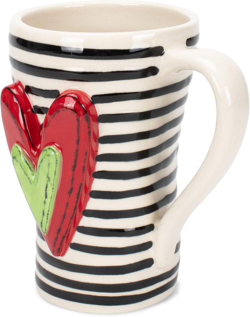 DEMDACO Tracy Pesche Black Stripes Heart Red Green White 15 Ounce Glossy Stoneware Mug With Handle - Image 2