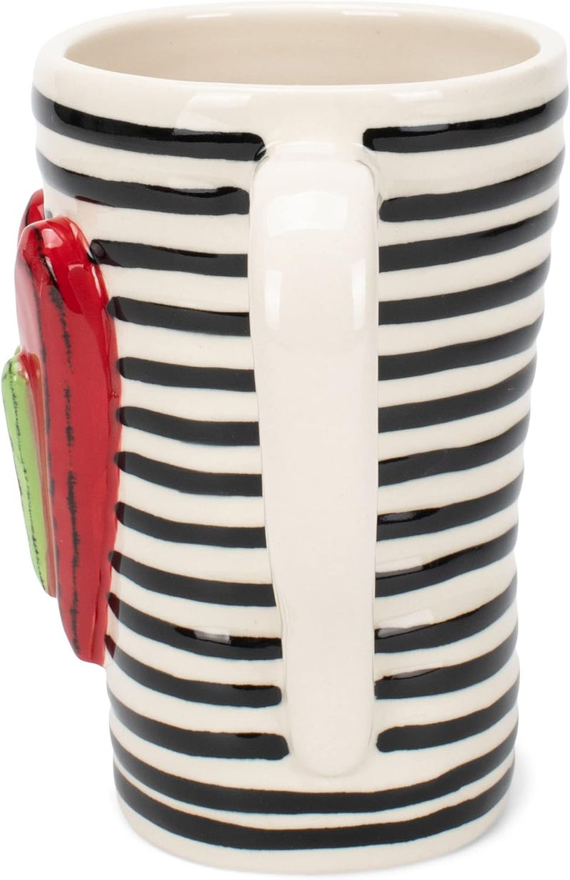 DEMDACO Tracy Pesche Black Stripes Heart Red Green White 15 Ounce Glossy Stoneware Mug With Handle - Image 3