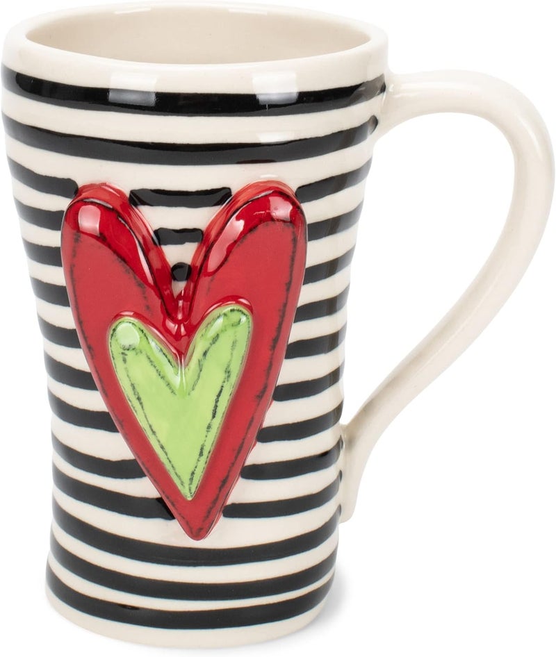 DEMDACO Tracy Pesche Black Stripes Heart Red Green White 15 Ounce Glossy Stoneware Mug With Handle - Image 1