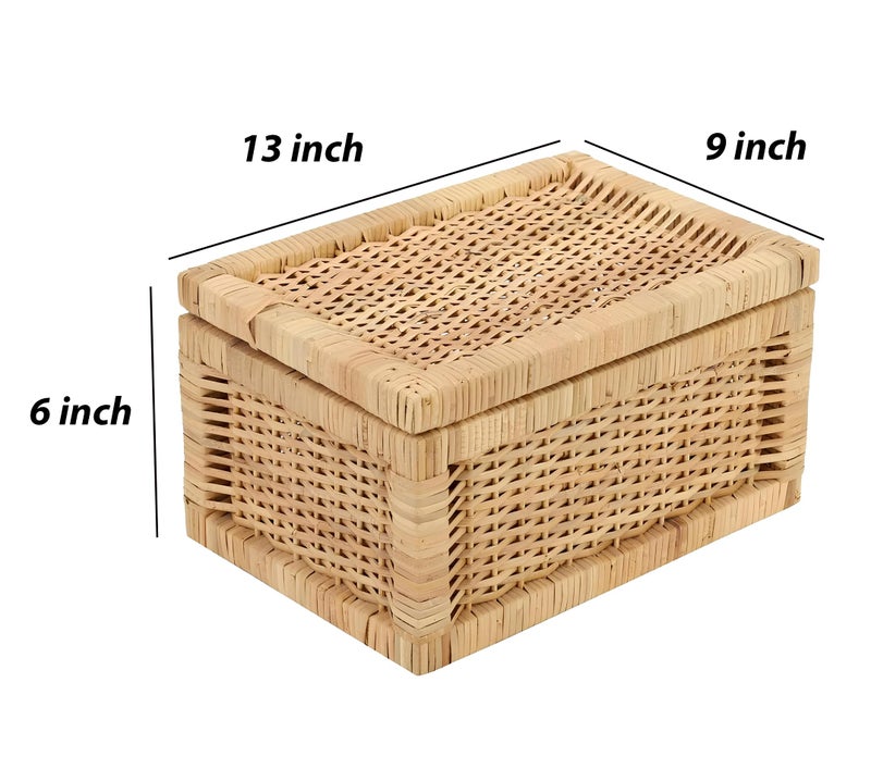 AKWAY wicker water hyacinth kauna grass bamboo cane Storage Basket with Lids Rectangular Handwoven Wicker Organizer Baskets Desktop Storage Box Rattan Container Desk Basket Bins(13"L x 9"W x 6"H) - Image 3