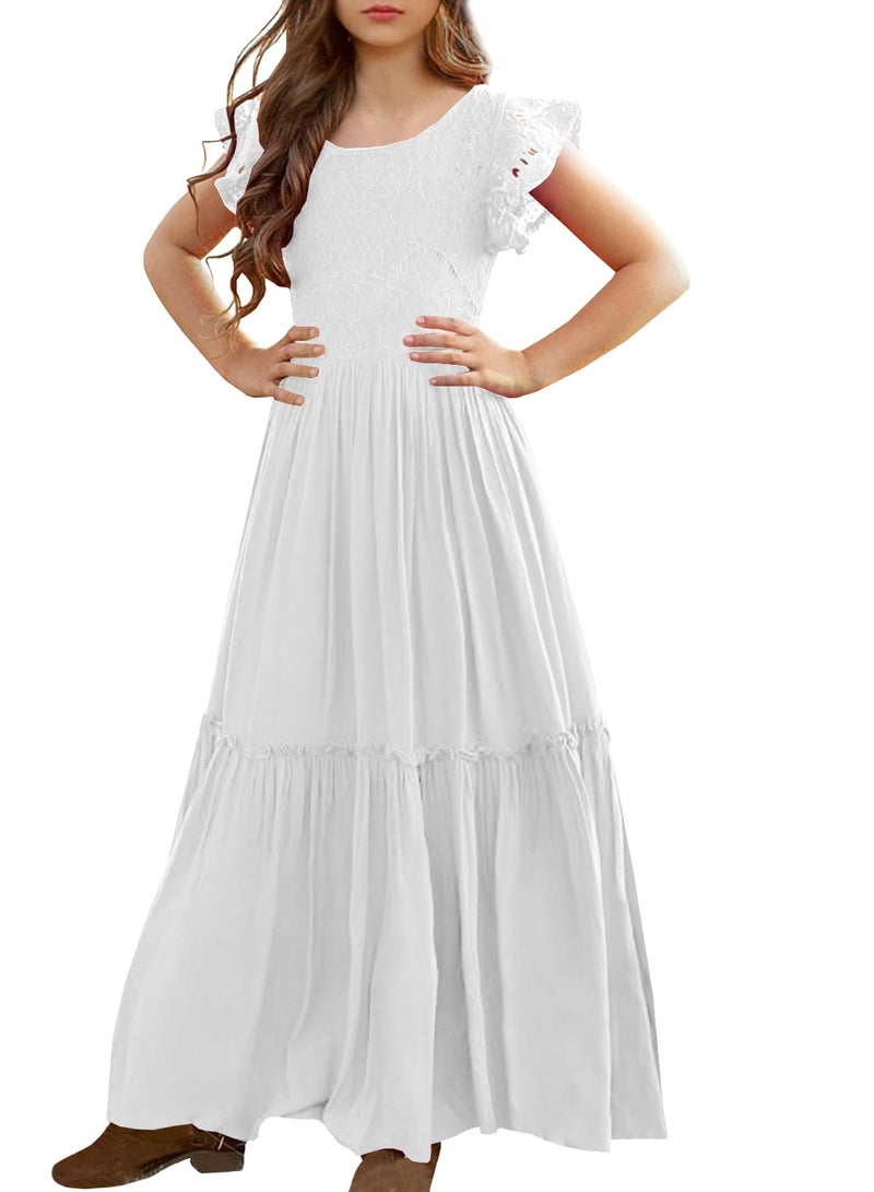 MITILLY Girls Lace Flower Ruffle Sleeve ALine Swing Wedding Party Long Maxi Dress with Pockets 10 Years White