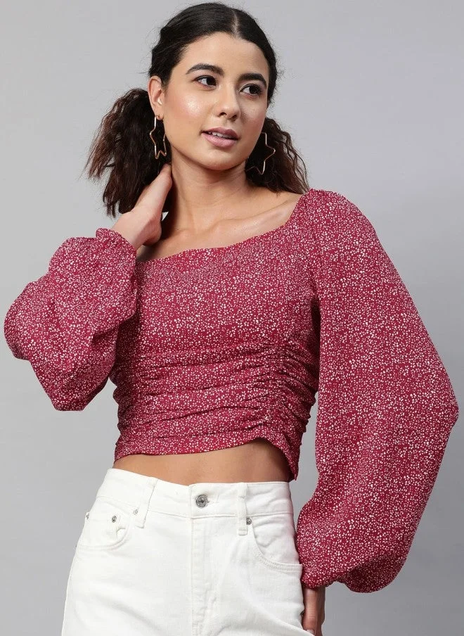 Maroon Floral Fitted Crop Top for Women