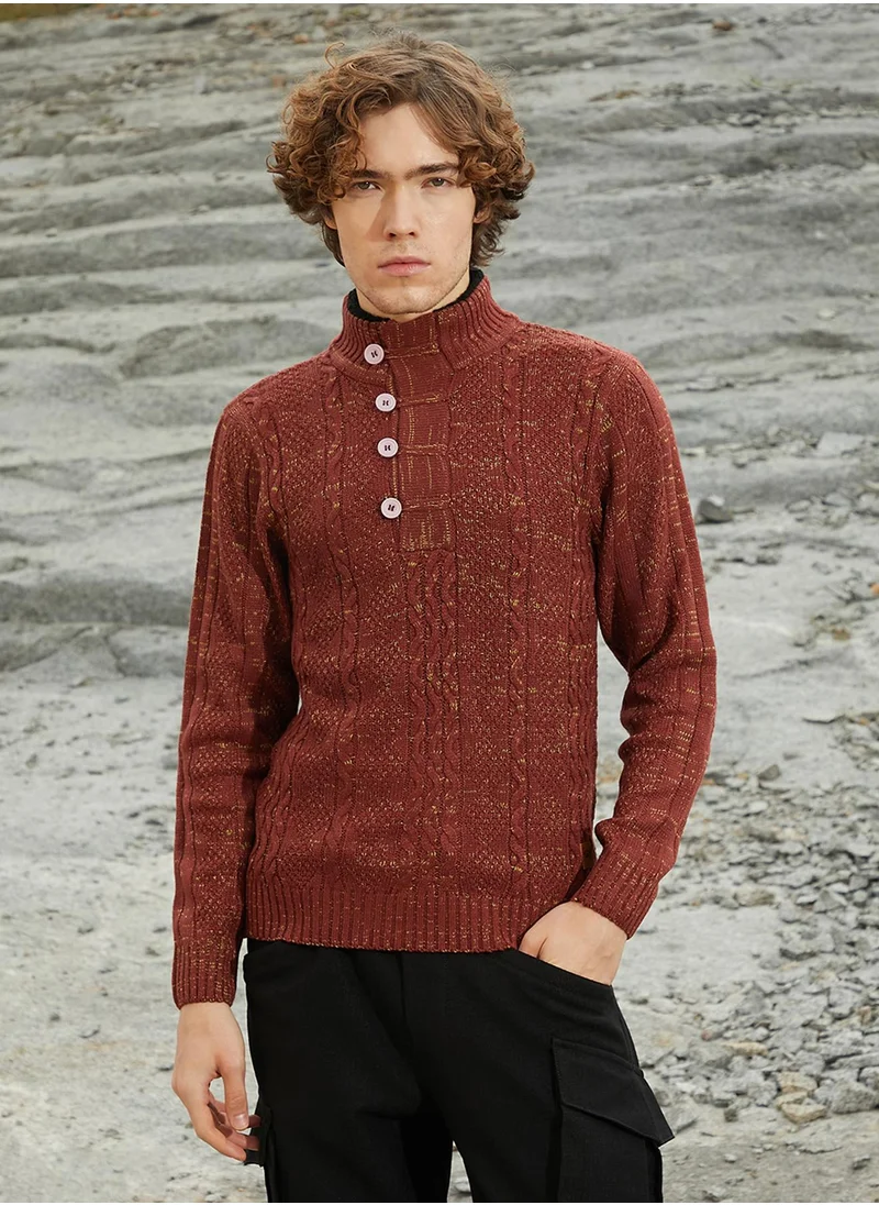 Campus Sutra Men's Terracotta Brown Heathered Cable-Knit Sweater