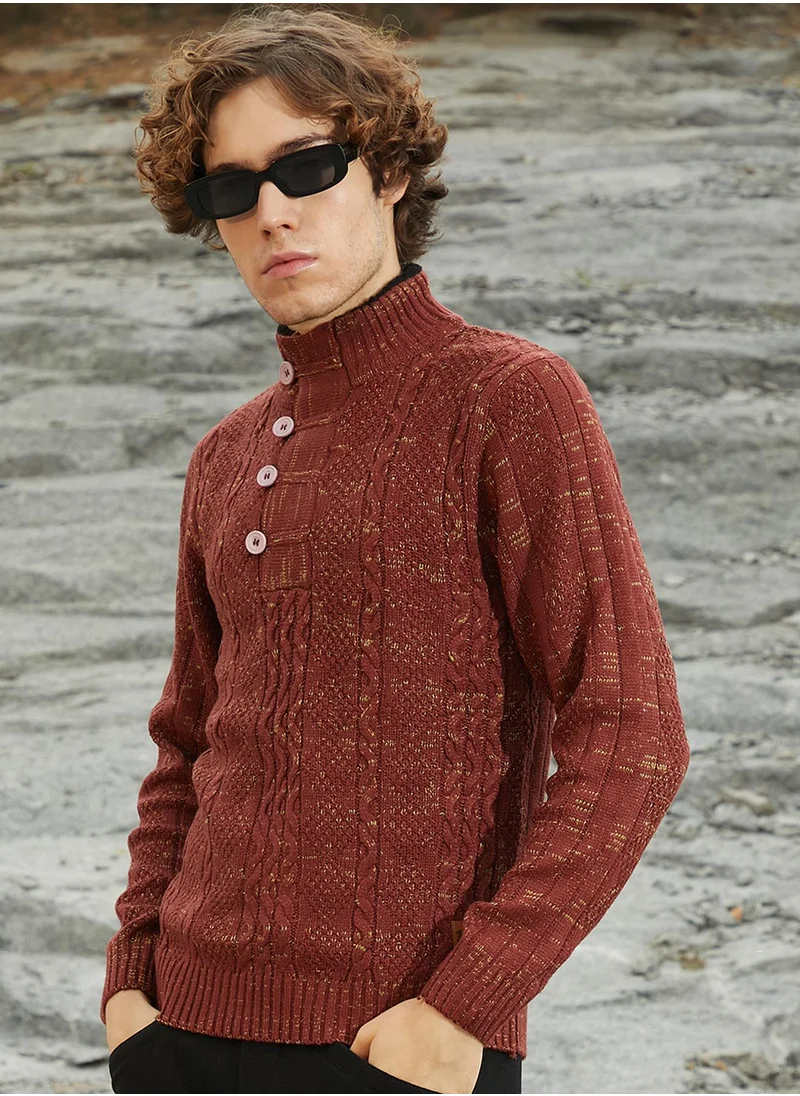 Campus Sutra Men's Terracotta Brown Heathered Cable-Knit Sweater