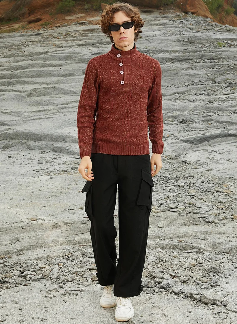 Campus Sutra Men's Terracotta Brown Heathered Cable-Knit Sweater