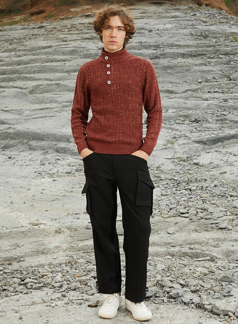 Campus Sutra Men's Terracotta Brown Heathered Cable-Knit Sweater