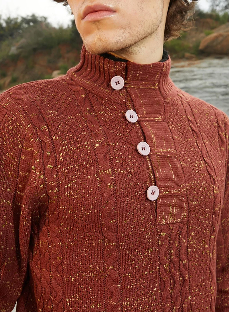 Campus Sutra Men's Terracotta Brown Heathered Cable-Knit Sweater