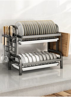 Jourvent Stainless Steel Double-Layer Dish Drying Rack | 2-Tier Drainer with Drip Tray & Removable Cutting Board Holder | Cutlery/Cup Storage | Water Conduction Design | Black  - Image 1