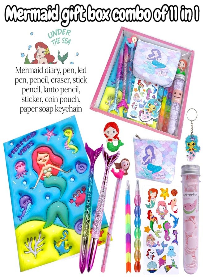 AMANVANI Mermaid Theme Stationery Combo, School Supplies with Diary, Pen, Pencil, Eraser, Sticker, Coin Pouch, Paper Soap, Keychain Rakhi & Birthday Gift Combo for Sister (Pack of 11 Item) - Image 2