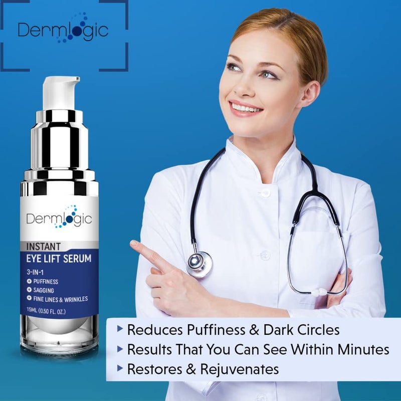 Dermlogic علاج سريع لانتفاخ تحت العين والهالات السوداء - يقلل على الفور من مظهر أكياس العين المنتفخة، وخطوط التجاعيد، والجلد المترهل. - Image 1