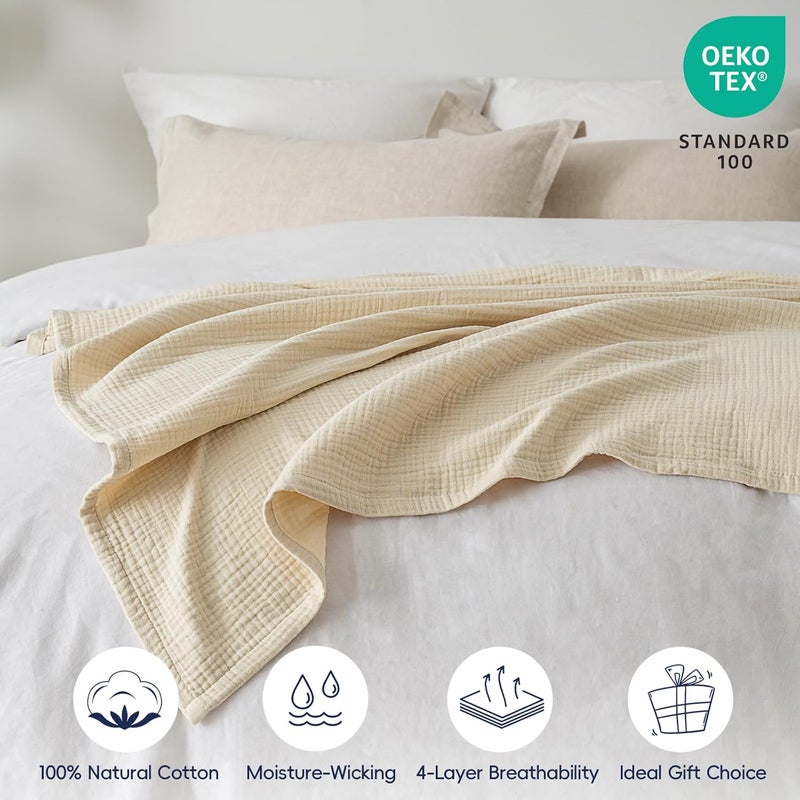 PHF بطانية موسلين قطن 100% بحجم (127 سم × 152 سم)، بطانية خفيفة الوزن وقابلة للتنفس من 4 طبقات للصيف، قماش سرير ناعم بشكل فاخر، أسلوب الحد الأدنى الطبيعي، هدية مثالية، بيج - Image 4