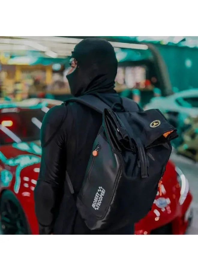 Monkey Troopers Black Hoody Roll Top Laptop Backpack 22 Liter With Padded Compartment Multiple Pockets Breathable Back Mesh Luggage Straps Key Hook