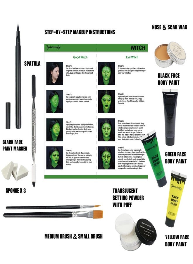 paminify Green Witch Makeup Kit,Elphaba Costume Face Paint,Black Green Yellow Face Paint with Setting Powder,Halloween SFX Scar Wax Putty Wound Makeup,Frankenstein Gamora Hunting Hulk Body Paint - Image 4